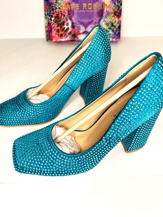 Cape Robbin Shoes - Cape Robbin Turquoise Crystal Block Heel Pumps